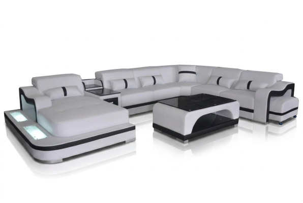 Skóra Couch Podkładka Siedziba Żywy krajobrazu Design Modern Narożnik Ustawić U Form + Tabela