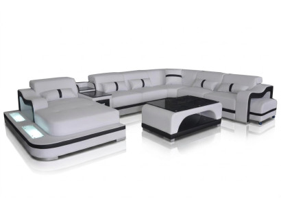 Skóra Couch Podkładka Siedziba Żywy krajobrazu Design Modern Narożnik Ustawić U Form + Tabela
