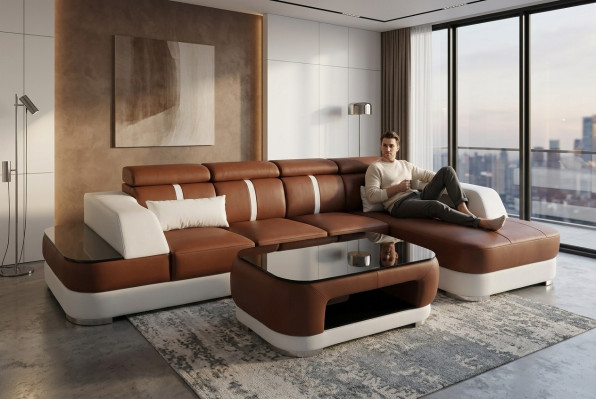 Skóra Couch Podkładka Siedziba Design Modern Narożnik Ustaw Sofa Żywy krajobraz +Tabela