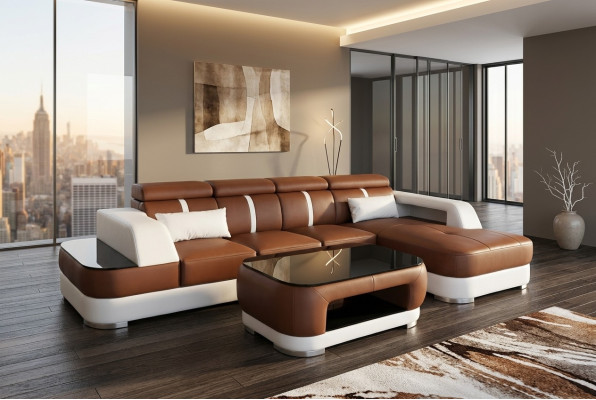 Skóra Couch Podkładka Siedziba Design Modern Narożnik Ustaw Sofa Żywy krajobraz +Tabela