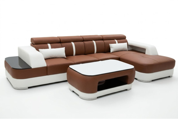 Skóra Couch Podkładka Siedziba Design Modern Narożnik Ustaw Sofa Żywy krajobraz +Tabela