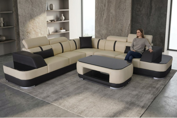 Narożnik Sofa Skóra Podkładka Narożnik Siedziba Ustawić Kanapy L Form + Tabela Żywy krajobraz