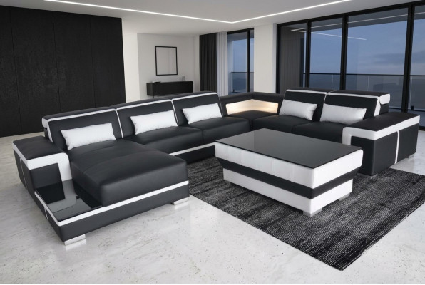 XXL Skóra Sofa Podkładka Living Couch Siedziba Ustaw Narożnik Narożnik Sofy Kanapy + Tabela