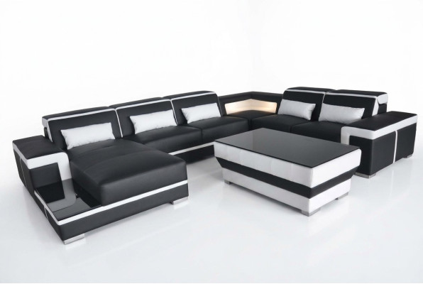 XXL Skóra Sofa Podkładka Living Couch Siedziba Ustaw Narożnik Narożnik Sofy Kanapy + Tabela