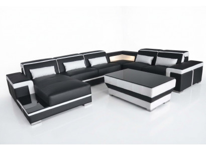 XXL Skóra Sofa Podkładka Living Couch Siedziba Ustaw Narożnik Narożnik Sofy Kanapy + Tabela