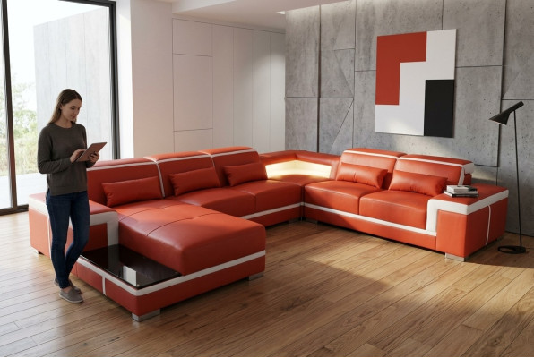 Wygodna skórzana sofa XXL z innowacyjną ergonomią i oświetleniem LED