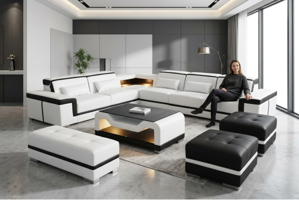 Skóra Sofa Kanapa Podkładka Narożnik Modern Ustawić Żywy krajobraz Tabela Stołek G8020B