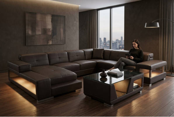 Skórzana sofa Narożnik Żywy krajobraz Ustawić Design Modern Narożnikowa kanapa Sofa Kształt U G8017