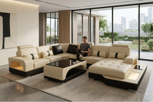 Skóra Sofa Nowoczesna kanapa Podkładka Design Żywy krajobraz + Tabela Narożnik Kanapy Siedziba
