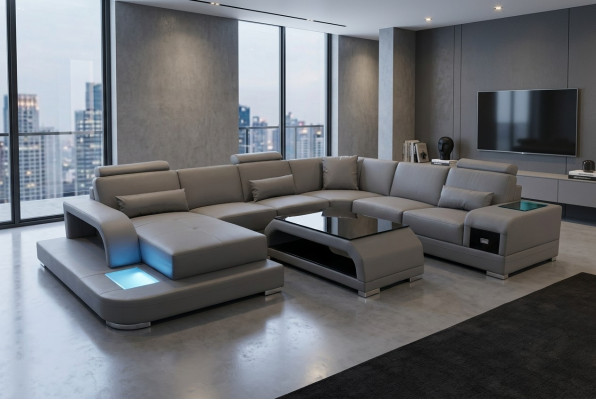 Skórzana sofa Żywy krajobraz Ustaw Design Modern Narożnikowa kanapa Sofa Kształt U G8013+Tabela