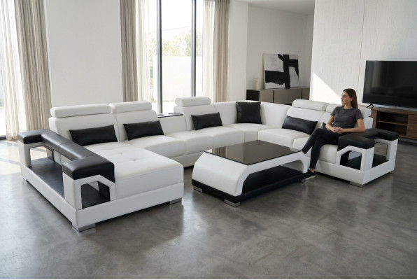 Skóra Sofa Modern Siedziba Couch Podkładka Design Żywy krajobraz + Tabela Narożnik