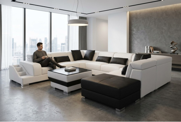 Skóra Żywy krajobraz Narożnik Ustawić Design Nowoczesna Sofa Kształt U G8008 + Pufa Nowość