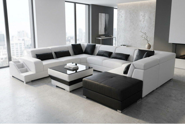 Skóra Żywy krajobraz Narożnik Ustawić Design Nowoczesna Sofa Kształt U G8008 + Pufa Nowość