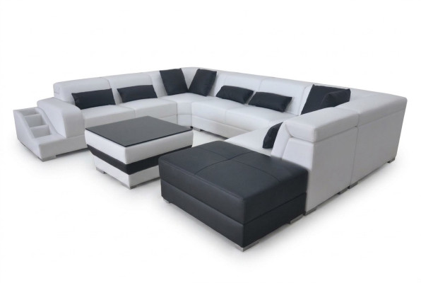 Skóra Żywy krajobraz Narożnik Ustawić Design Nowoczesna Sofa Kształt U G8008 + Pufa Nowość