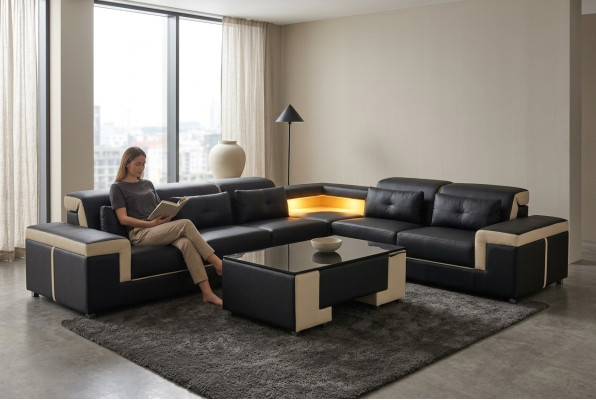 Narożnik Skóra Modern XXL Kanapa Żywy krajobraz Kanapy Sofy Sofa Sofa L Kształt B2021 Tabela