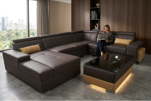 Narożnik Skóra Modern XXL Couch Żywy krajobraz Skórzana Sofa Sofa Kształt U C4010 Tabela New