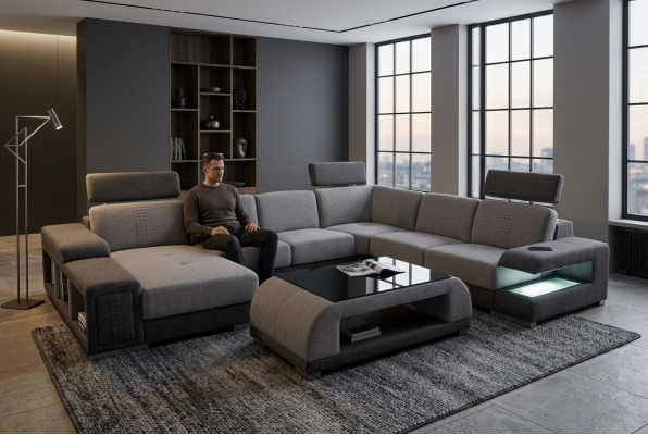 Narożnik Materiał Modern XXL Kanapa Żywy krajobraz Włókienniczy Sofa Kształt U B2015 Materiał +Tabela