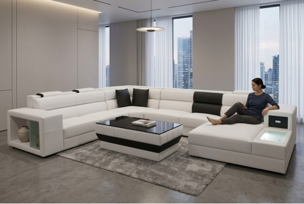 Narożnik Skóra Modern XXL Couch Żywy krajobraz Skórzana Sofa Sofa Kształt U B2006