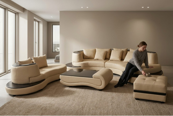 Luxury Living Narożnik Skóra Ustawić Krajobraz Podkładka XXL Duża Sofa U Shape + Szezlong + Tabela