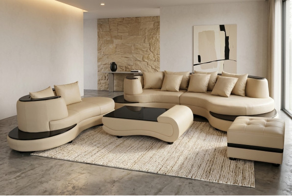 Luxury Living Narożnik Skóra Ustawić Krajobraz Podkładka XXL Duża Sofa U Shape + Szezlong + Tabela