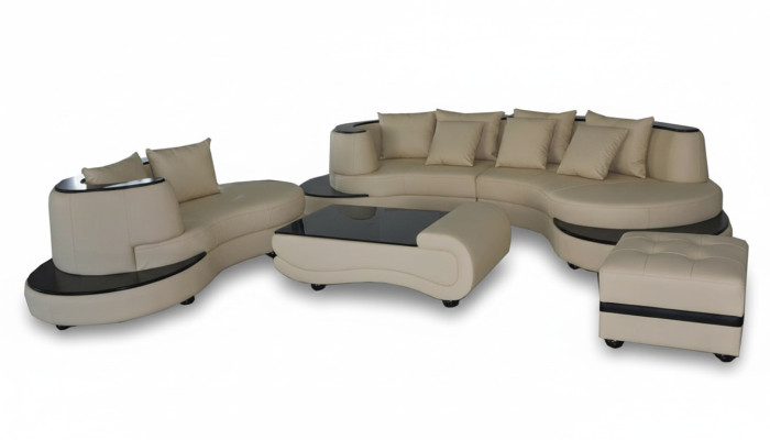 Luxury Living Narożnik Skóra Ustawić Krajobraz Podkładka XXL Duża Sofa U Shape + Szezlong + Tabela
