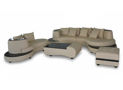 Luxury Living Narożnik Skóra Ustawić Krajobraz Podkładka XXL Duża Sofa U Shape + Szezlong + Tabela