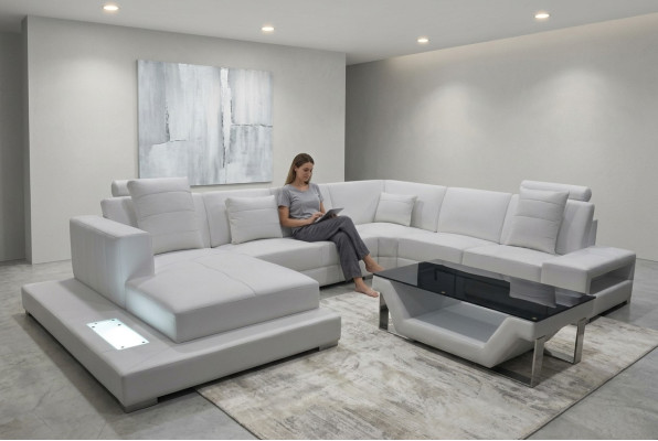 Narożnik Skóra Sofa Kanapa Podkładka Narożnik Siedziba Ustawić Żywy krajobraz Design XXL Kształt U