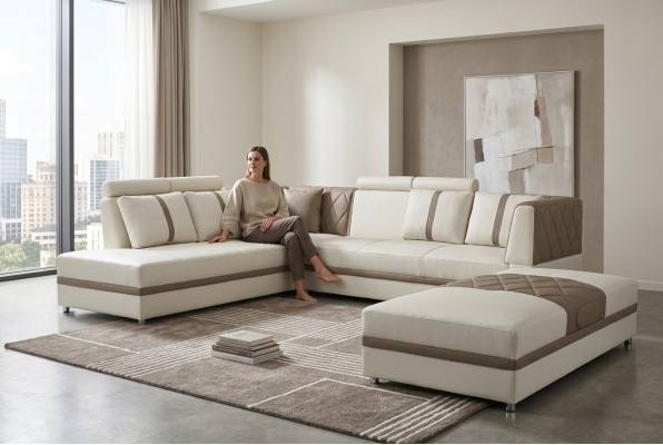 Narożnik Skóra Modern XXL Couch Żywy krajobraz Skórzana Sofa Sofa L-Shape A1128II+Stołek