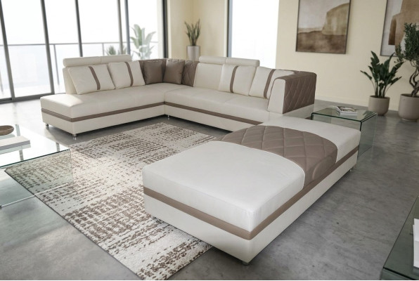 Narożnik Skóra Modern XXL Couch Żywy krajobraz Skórzana Sofa Sofa L-Shape A1128II+Stołek