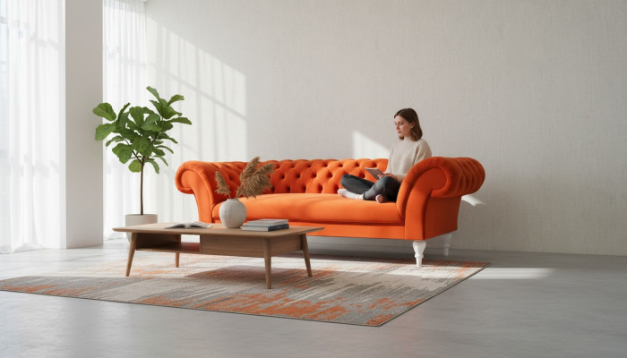 Material Design Couch Podkładka Sofy Włókienniczy Nowoczesna Sofa Chesterfield 3 miejsce do siedzenia Orange