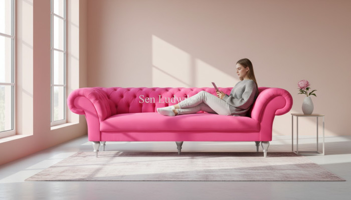 Material Design Couch Podkładka Sofy Włókienniczy Nowoczesna Sofa Chesterfield 3 miejsce do siedzenia Różowy