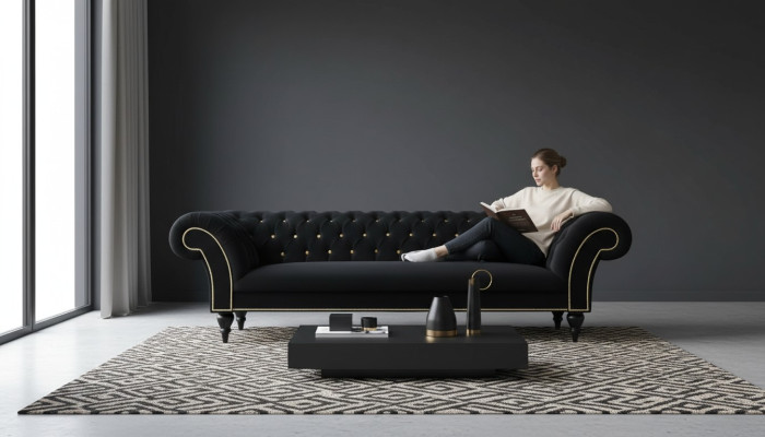 Material Design Couch Podkładka Włókienniczy Nowoczesna Sofa Chesterfield 3 miejsce do siedzenia Czarny