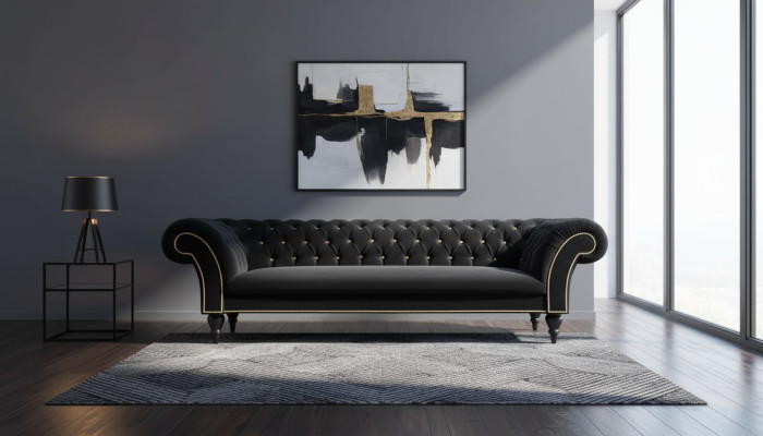 Material Design Couch Podkładka Włókienniczy Nowoczesna Sofa Chesterfield 3 miejsce do siedzenia Czarny