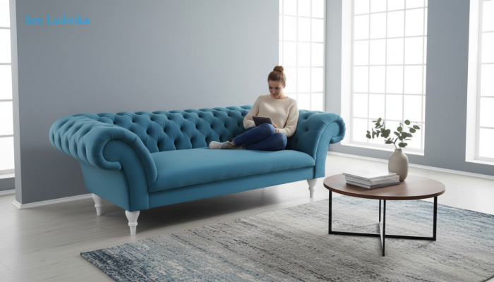 Włókienniczy 3 miejsce do siedzenia Blue Material Design Couch Podkładka Sofy Nowoczesna Sofa Chesterfield