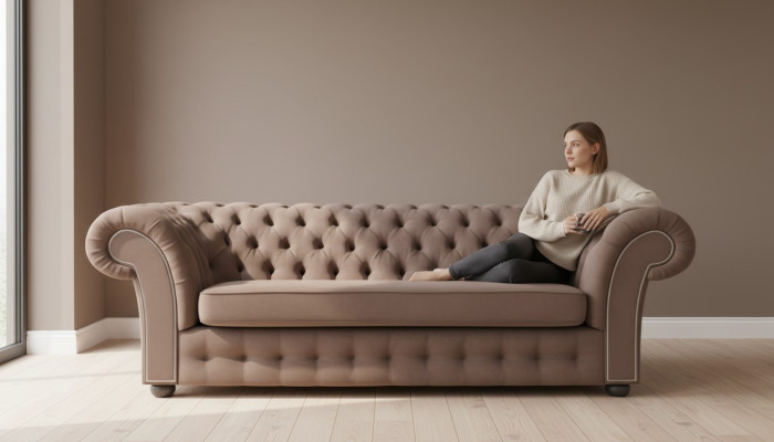 Sofa 3 miejsce do siedzenia Material Design Couch Podkładka Sofy Włókienniczy Modern Chesterfield Beige