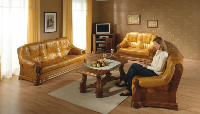 Salon Skóra Drewno Meble Ustawić 3+2+1 Sofa Kanapa Podkładka Siedziba