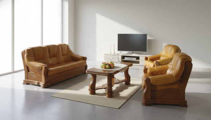 Salon Skóra Drewno Meble Ustawić 3+2+1 Sofa Kanapa Podkładka Siedziba