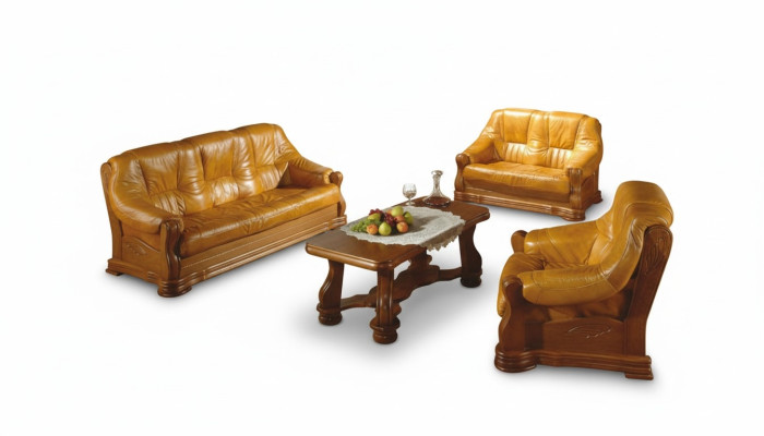 Salon Skóra Drewno Meble Ustawić 3+2+1 Sofa Kanapa Podkładka Siedziba