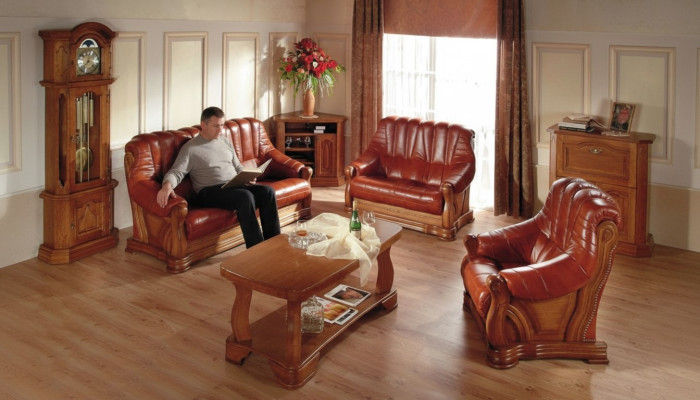 Salon Zestaw sofowy Kanapa Podkładka Siedziba Sofa Skóra Drewno 3+2+1 Zestaw
