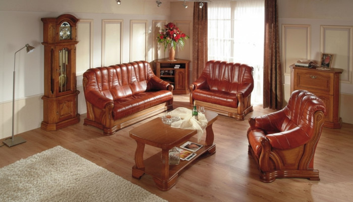 Salon Zestaw sofowy Kanapa Podkładka Siedziba Sofa Skóra Drewno 3+2+1 Zestaw