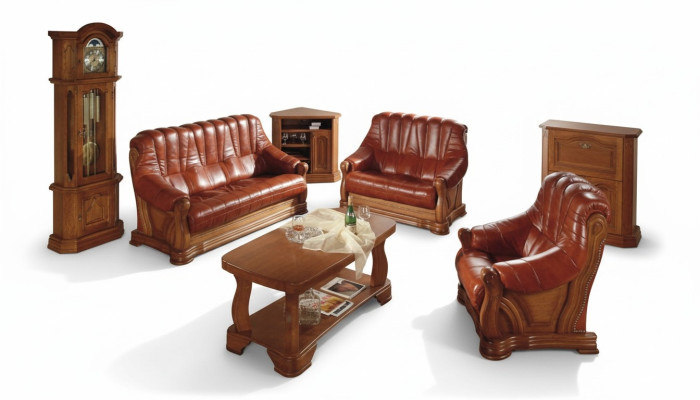 Salon Zestaw sofowy Kanapa Podkładka Siedziba Sofa Skóra Drewno 3+2+1 Zestaw