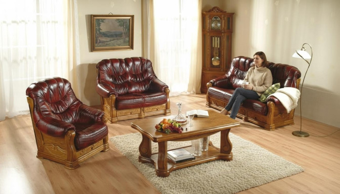 Klasyczny Zestaw sofowy Kanapa Podkładka Sofa 100% Prawdziwa Skóra Drewno 3+1