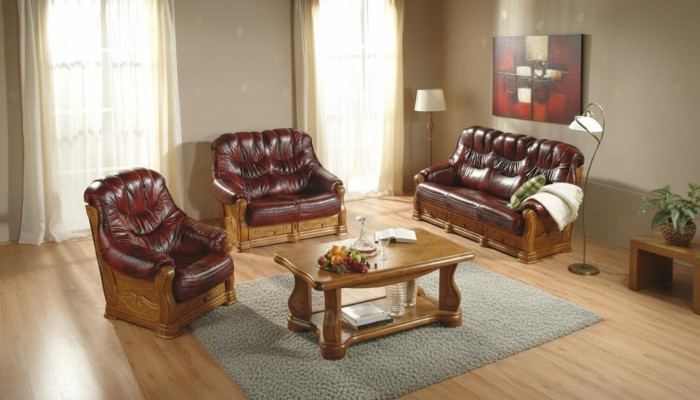 Klasyczny Zestaw sofowy Kanapa Podkładka Sofa 100% Prawdziwa Skóra Drewno 3+1