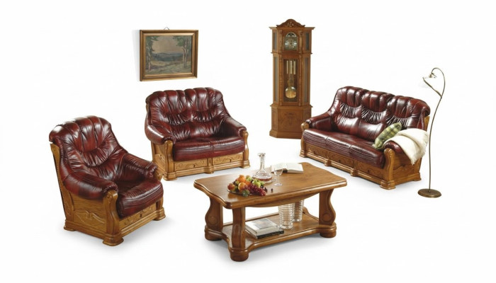 Klasyczny Zestaw sofowy Kanapa Podkładka Sofa 100% Prawdziwa Skóra Drewno 3+1