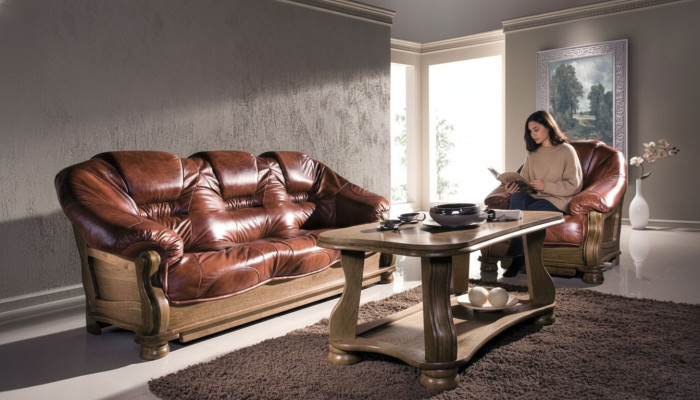 Klasyczny Zestaw sofowy Kanapa Podkładka Siedziba Ustawić Sofę Skóra Drewno 3+2+2 Zestaw