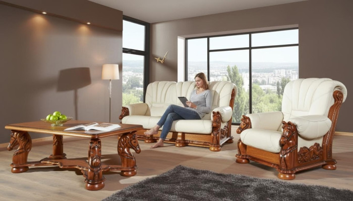Klasyczny Zestaw sofowy Kanapa Podkładka Ustawić Siedziba Sofa Skóra Drewno 3+2+2 Zestaw