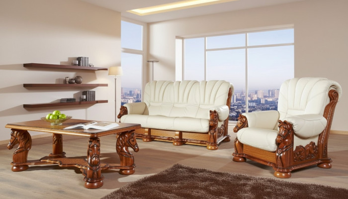 Klasyczny Zestaw sofowy Kanapa Podkładka Ustawić Siedziba Sofa Skóra Drewno 3+2+2 Zestaw