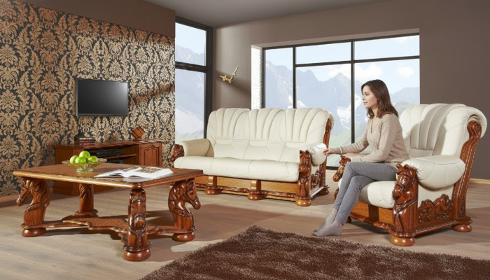 Salon Zestaw sofowy Kanapa Podkładka Siedziba Sofa Skóra Drewno 3+2 Zestaw