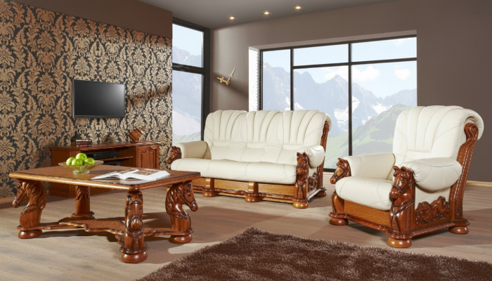 Salon Zestaw sofowy Kanapa Podkładka Siedziba Sofa Skóra Drewno 3+2 Zestaw