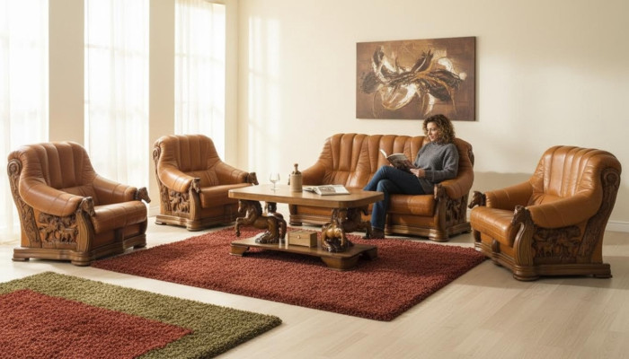 Salon Zestaw sofowy Kanapa Podkładka Siedziba Deko Sofa Skóra Drewno 3+2+1 Zestaw